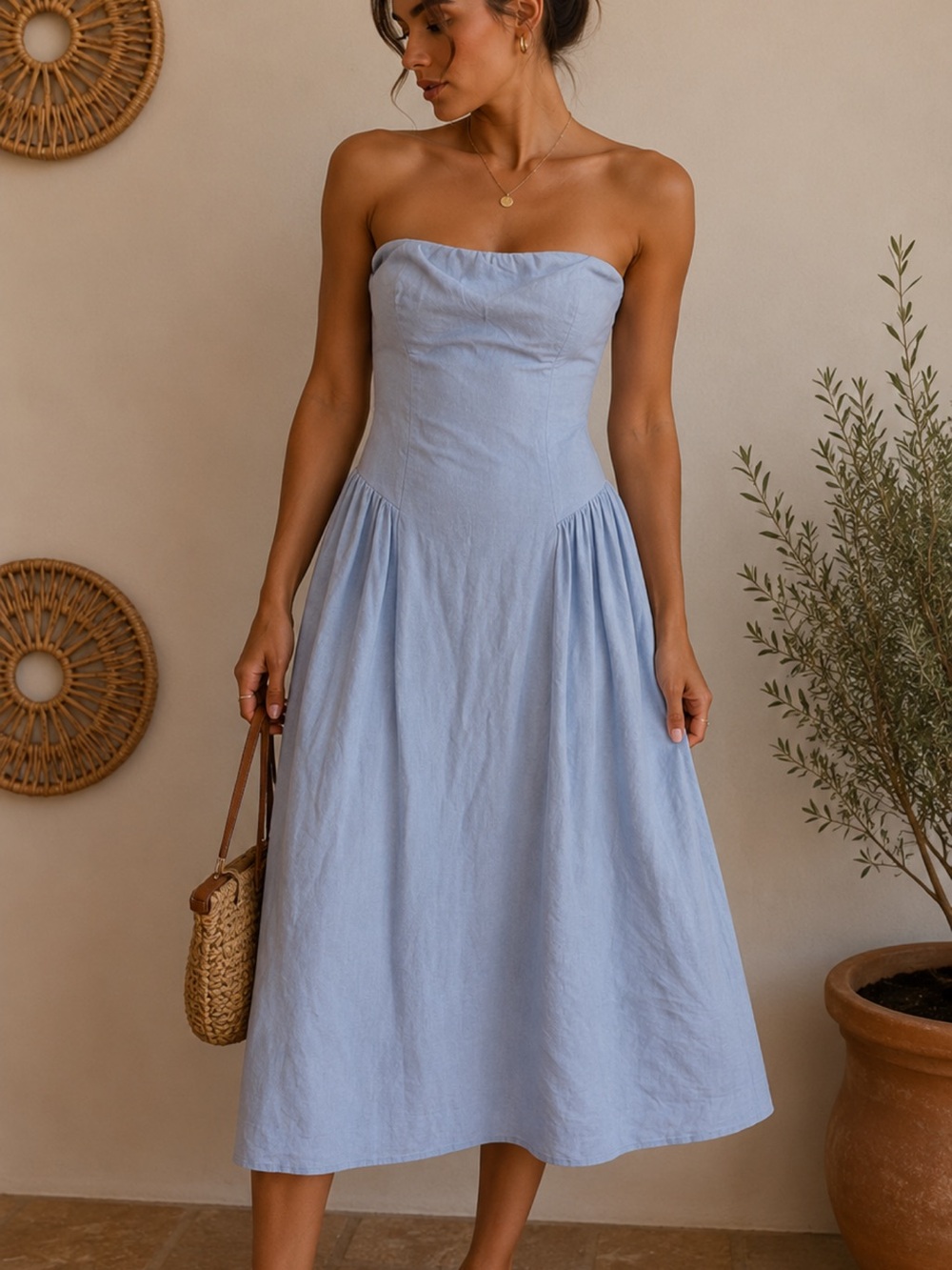 Wayf Strapless Light Blue Midi Sundress